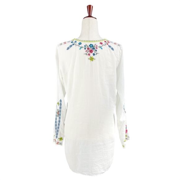 BIYA by JOHNNY WAS Floral Embroidered White Keyhole Neck 100% Cotton Tunic Sz S - Picture 7 of 10